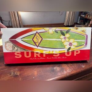 NIB Clay Art Surf's Up surfboard shaped serving platter. Vibrant, Hand painted